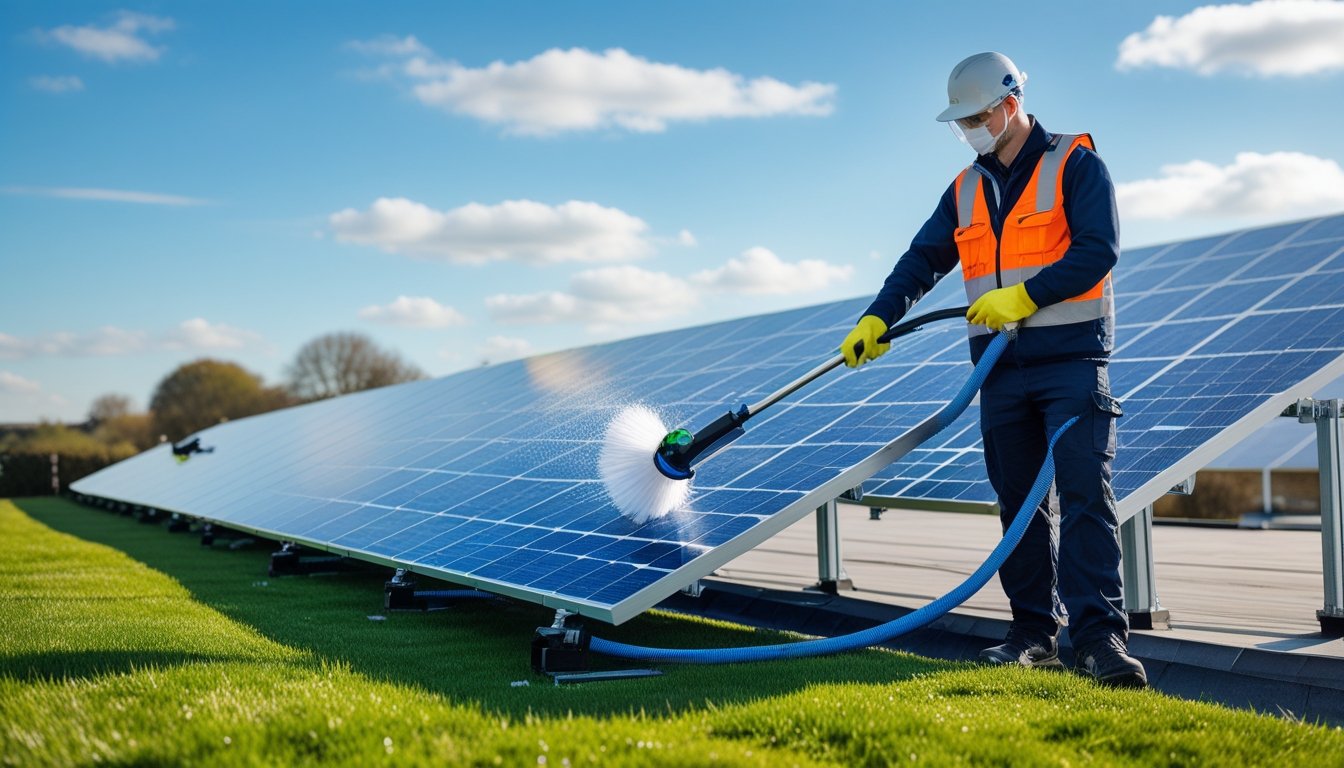 A technician cleaning solar panels on a rooftop using a waterless cleaning tool with solar panels and a clear sky in the background.