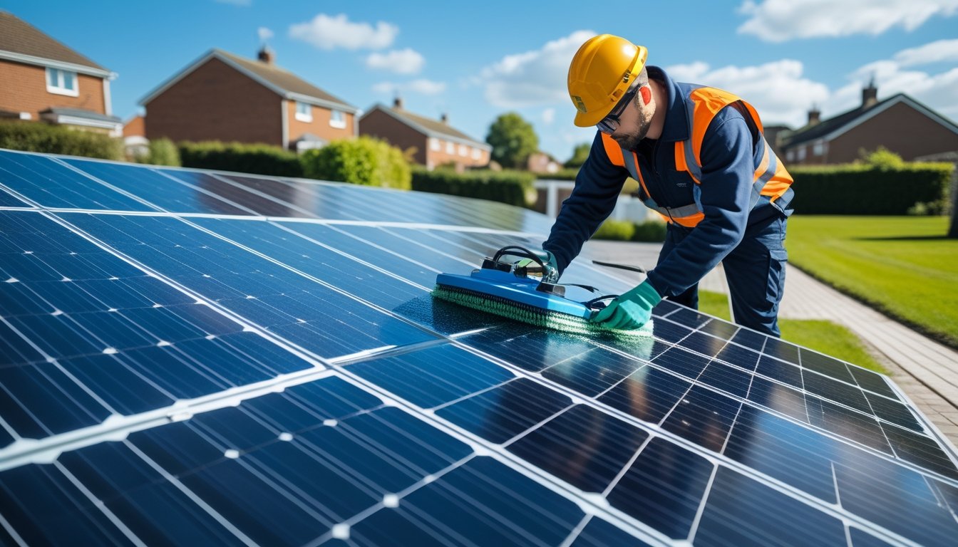 A technician cleaning solar panels with modern equipment in a UK suburban setting on a sunny day.