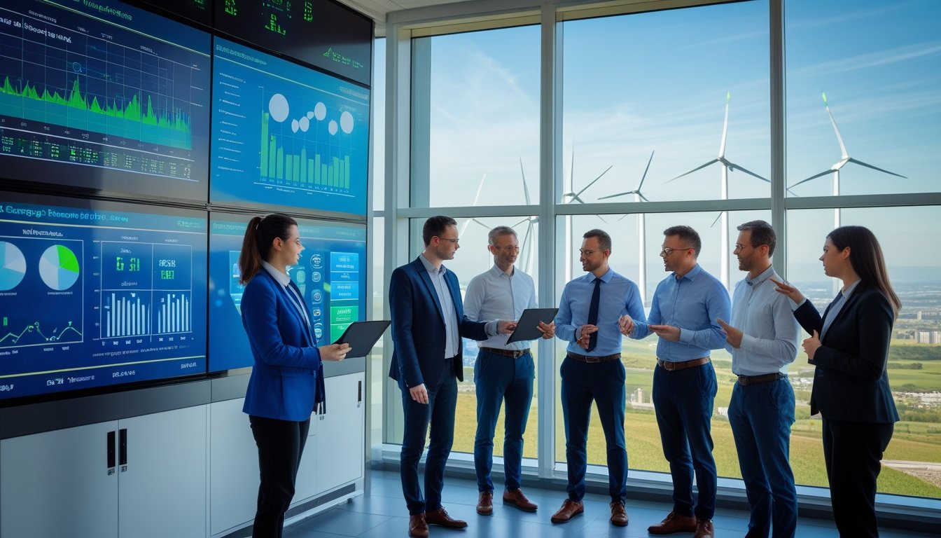 A group of energy experts discussing data in a control room with screens showing energy information, overlooking a landscape with wind turbines and solar panels.
