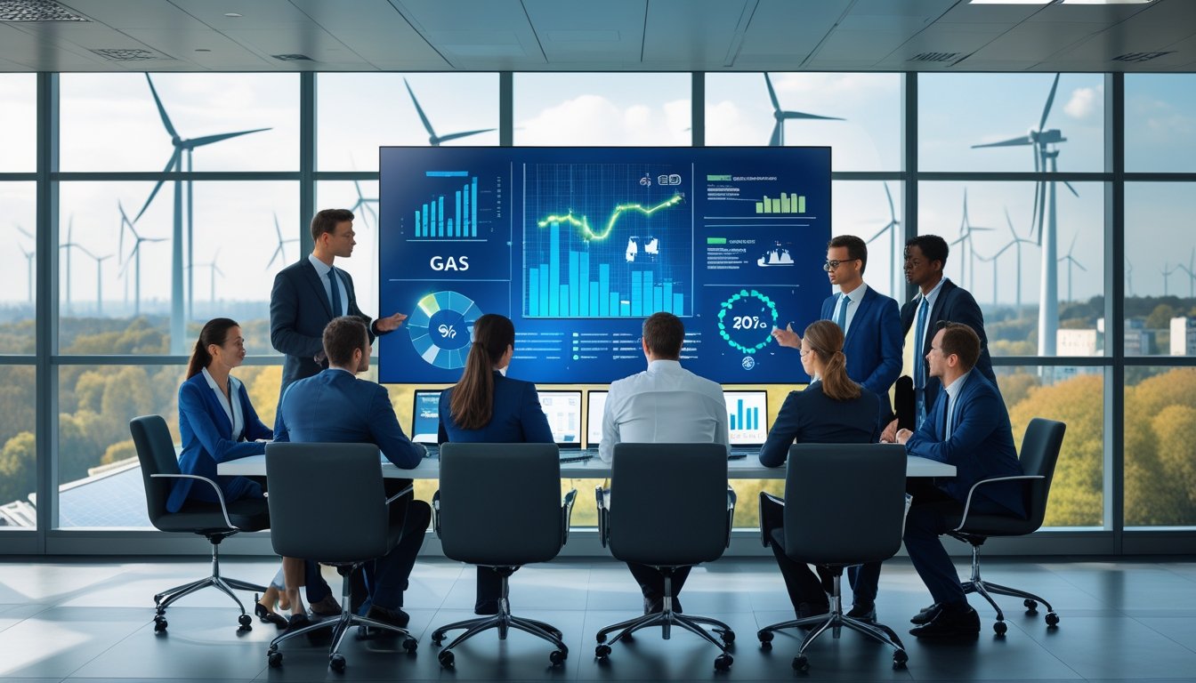 A group of business professionals discussing energy data in a modern office with a city view featuring wind turbines and solar panels.