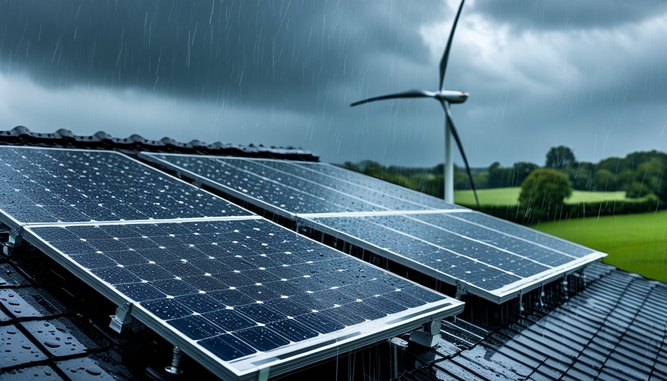 A residential rooftop with solar panels wet from rain, a wind turbine in the background, and a cloudy sky over a green landscape.