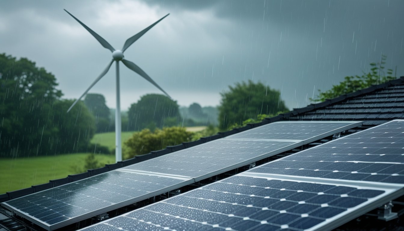 A residential rooftop with solar panels and a small wind turbine set in a green UK countryside during light rain and overcast skies.
