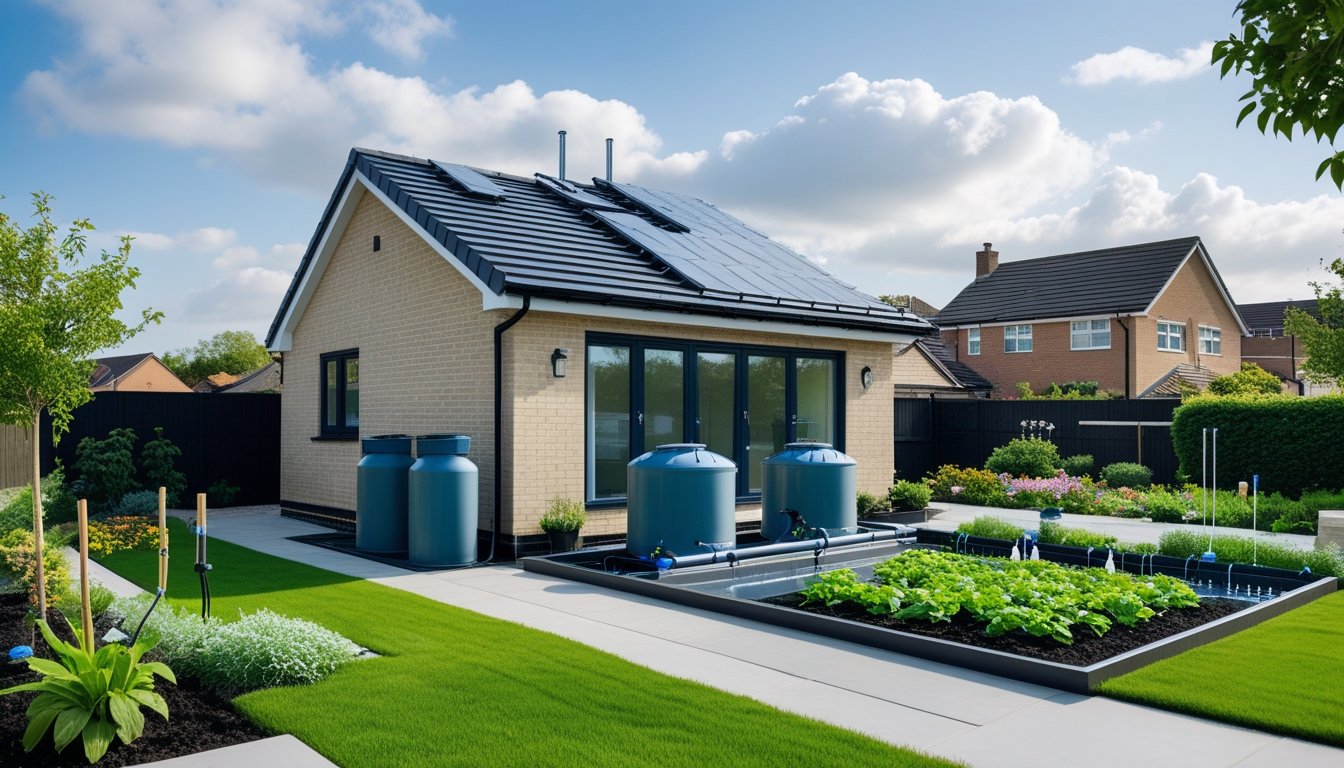 A UK suburban house with a rainwater harvesting system collecting water into storage tanks and watering a green garden.