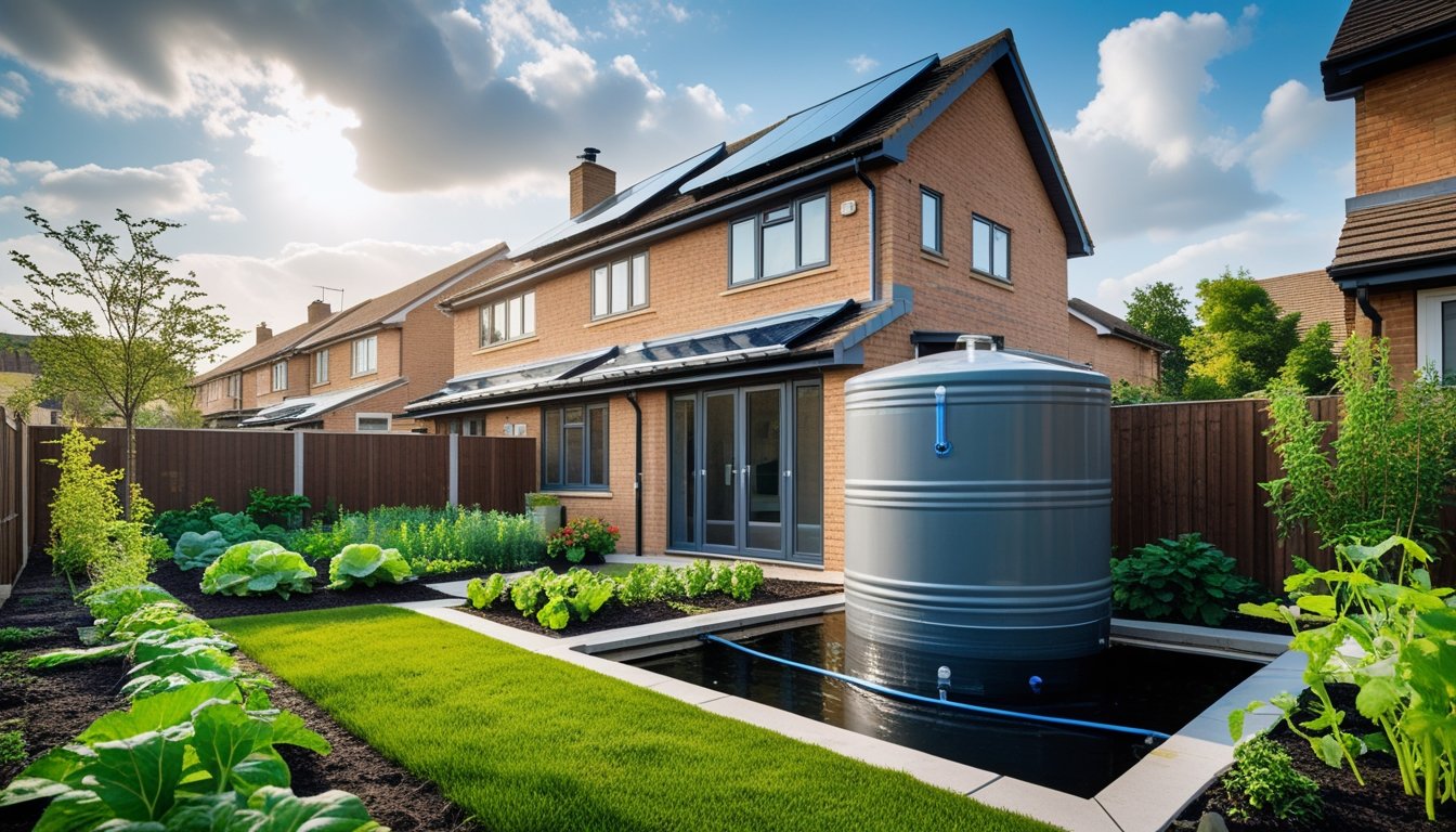 A modern UK suburban house with a rainwater collection system and storage tank in the garden surrounded by plants and a vegetable garden.