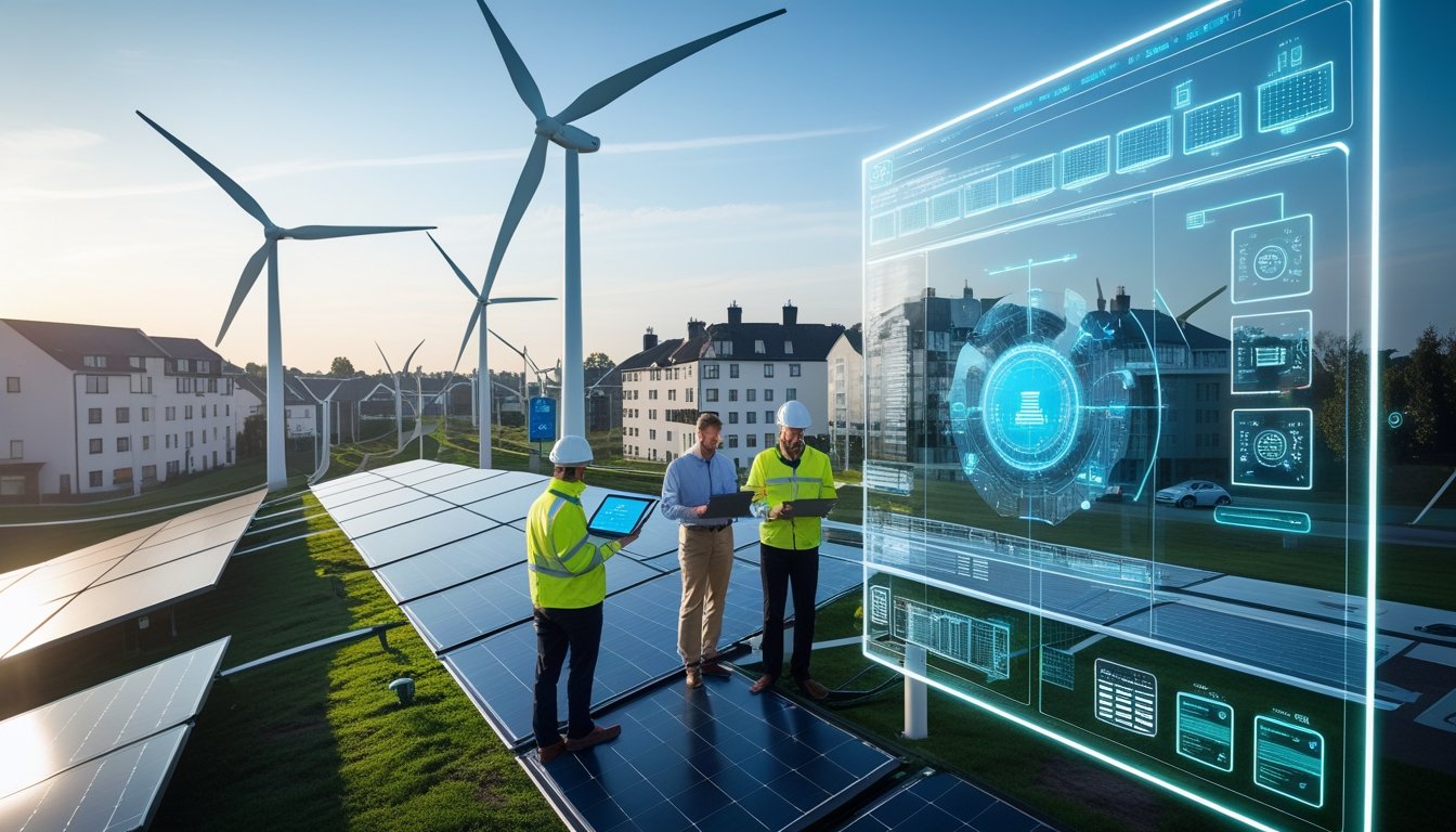 Engineers monitoring smart grid technology with wind turbines, solar panels, and urban buildings in the background.