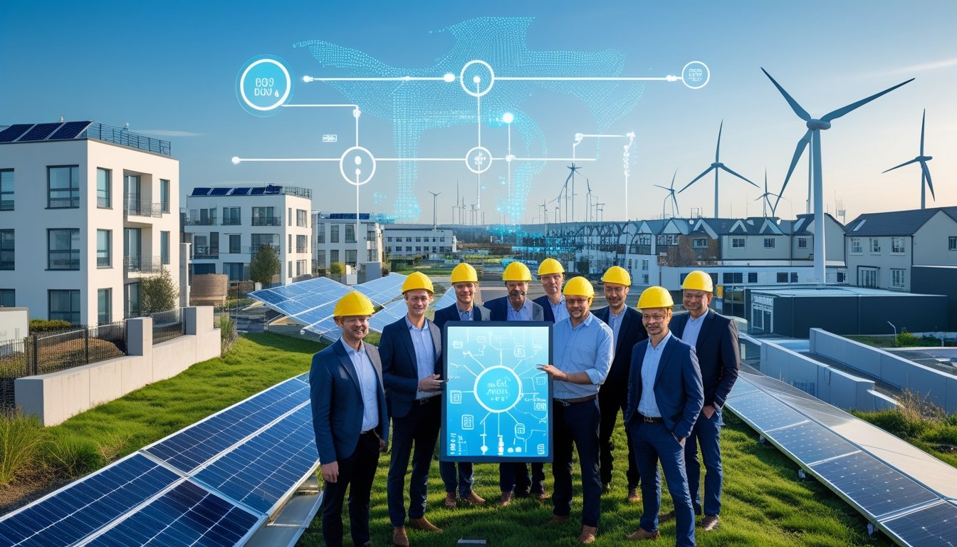 A group of engineers examining a digital tablet showing an energy network in a city with solar panels and wind turbines in the background.