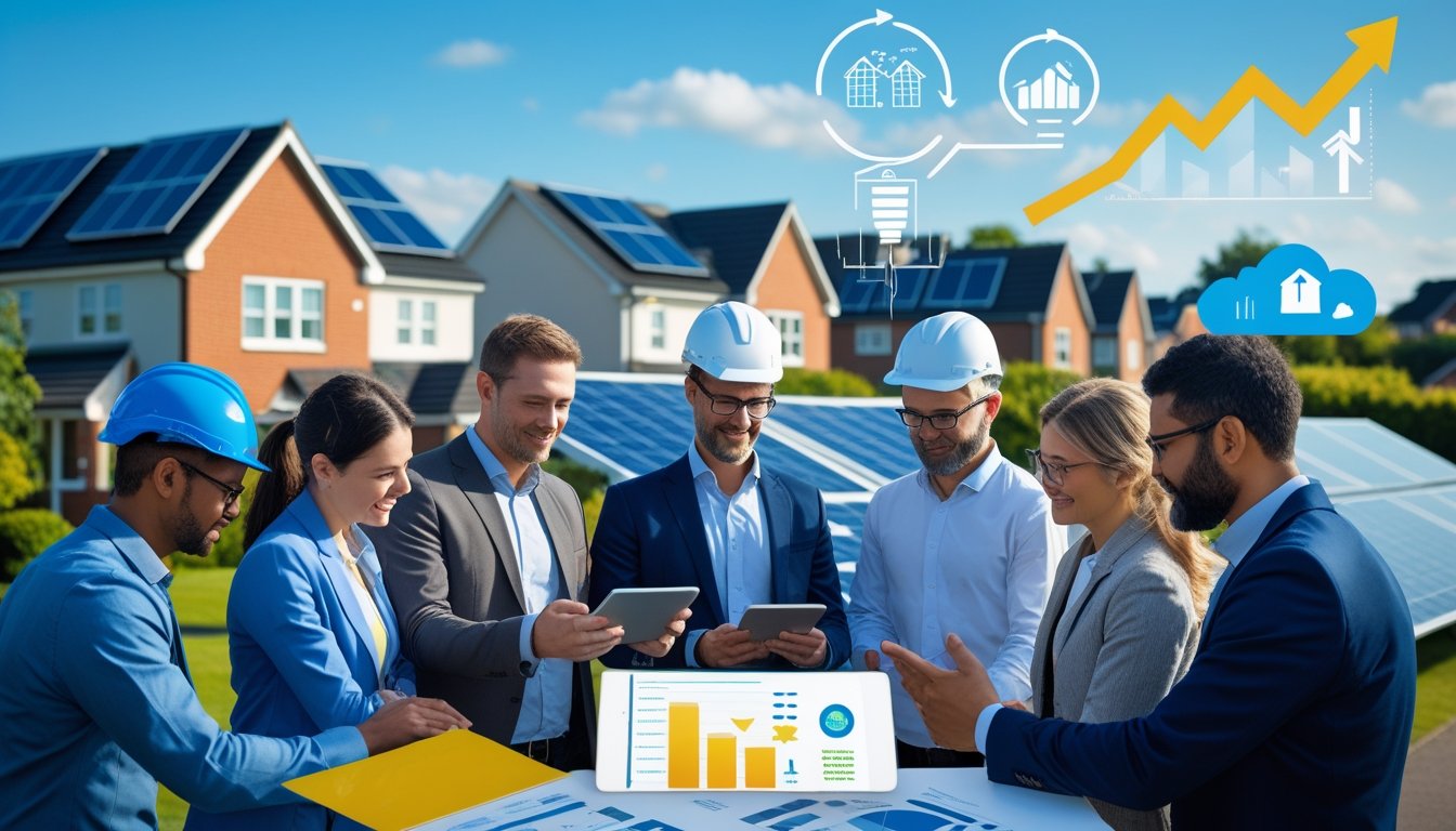 A group of professionals discussing solar panels on roofs of modern UK homes in a residential neighbourhood.
