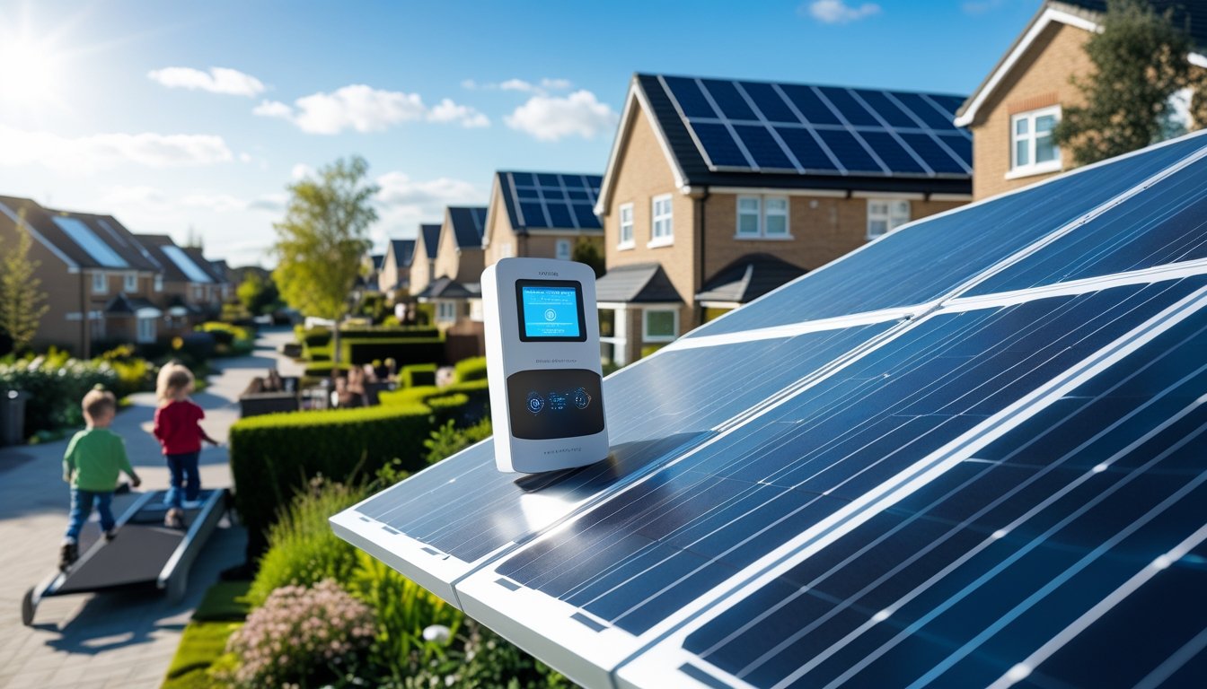 A sunny UK neighbourhood with homes equipped with solar panels on their roofs and a close-up of solar panels capturing sunlight.