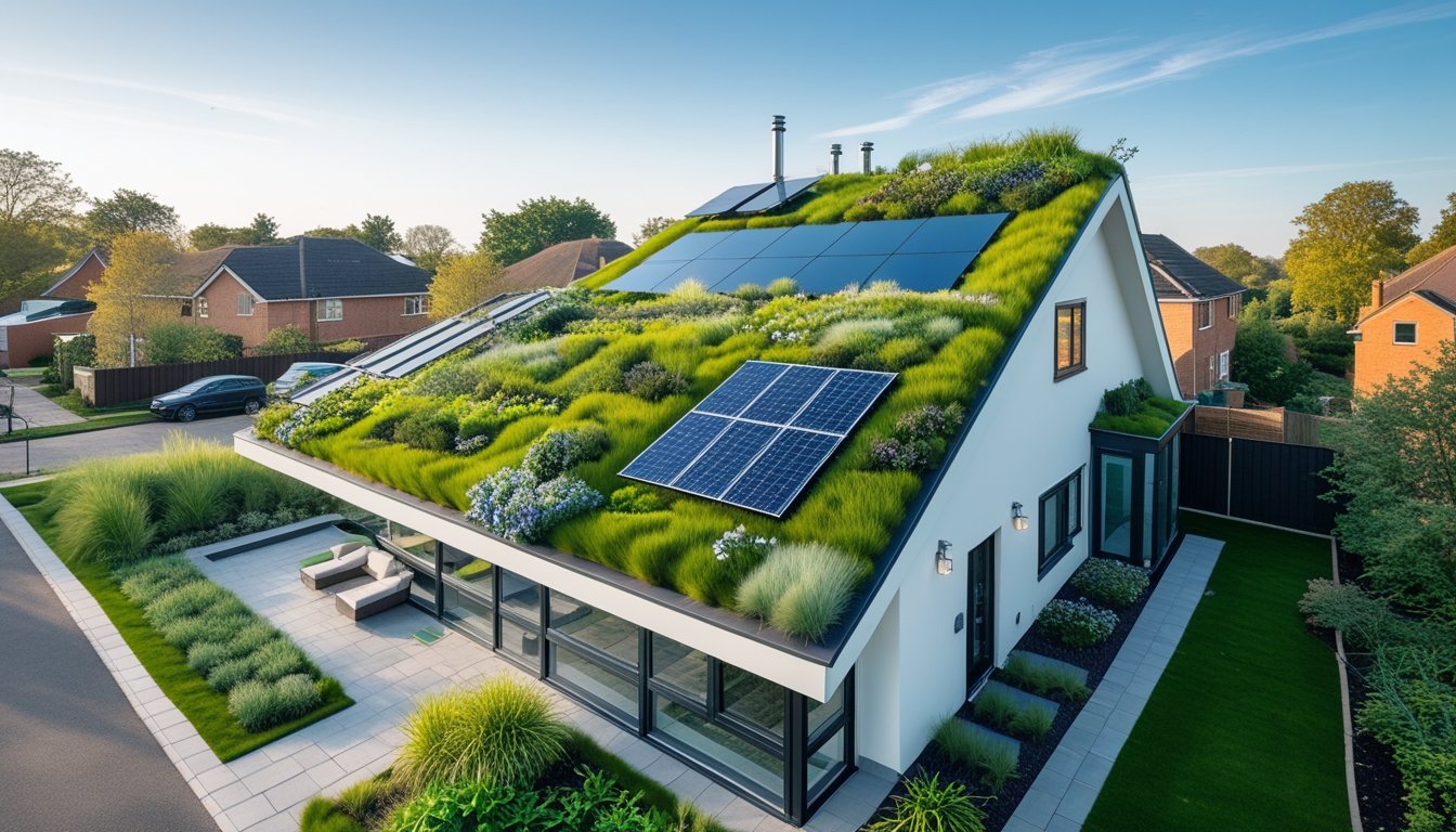 A modern UK home with a lush green roof covered in plants and solar panels, surrounded by trees and gardens under a clear blue sky.