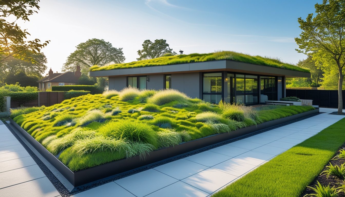 A modern UK home with a lush green roof covered in plants and surrounded by a garden and trees under a clear blue sky.