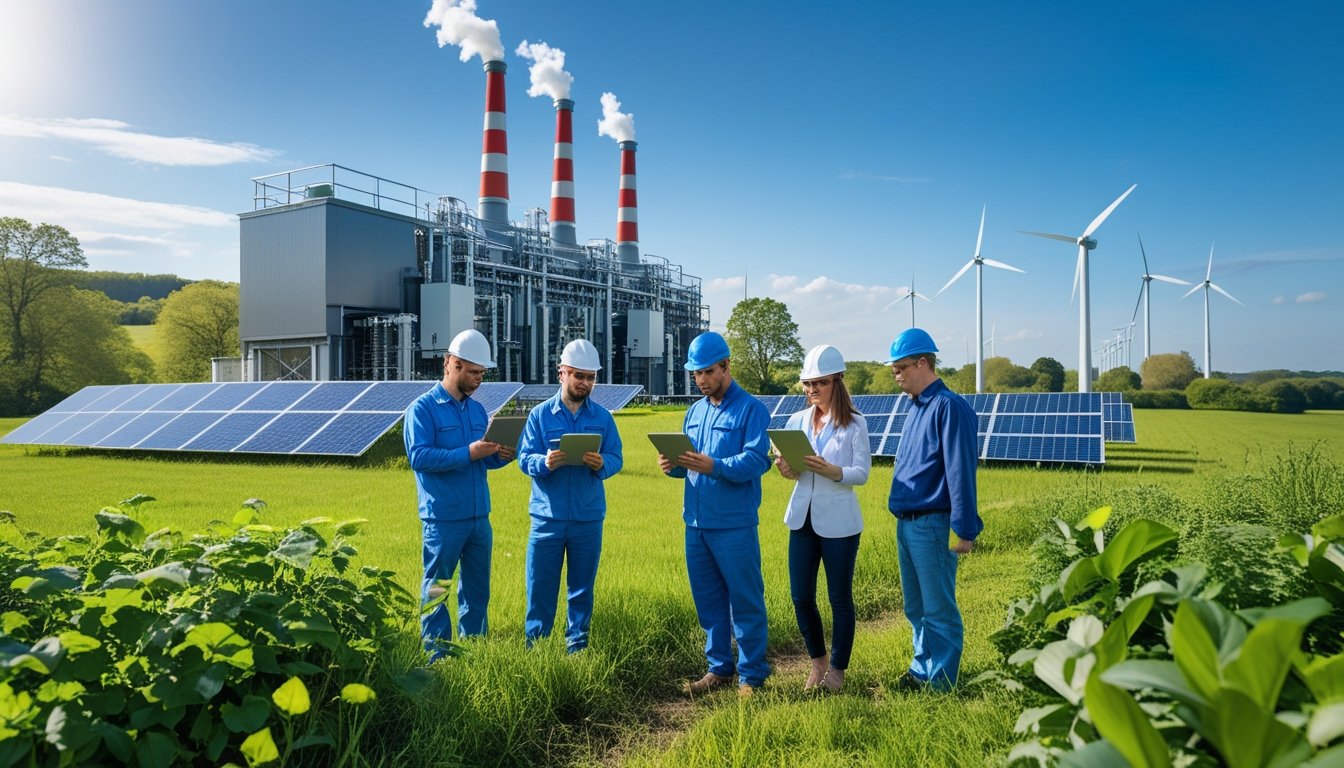 A biomass power plant surrounded by green fields with engineers discussing plans in the foreground and renewable energy equipment visible in the background.