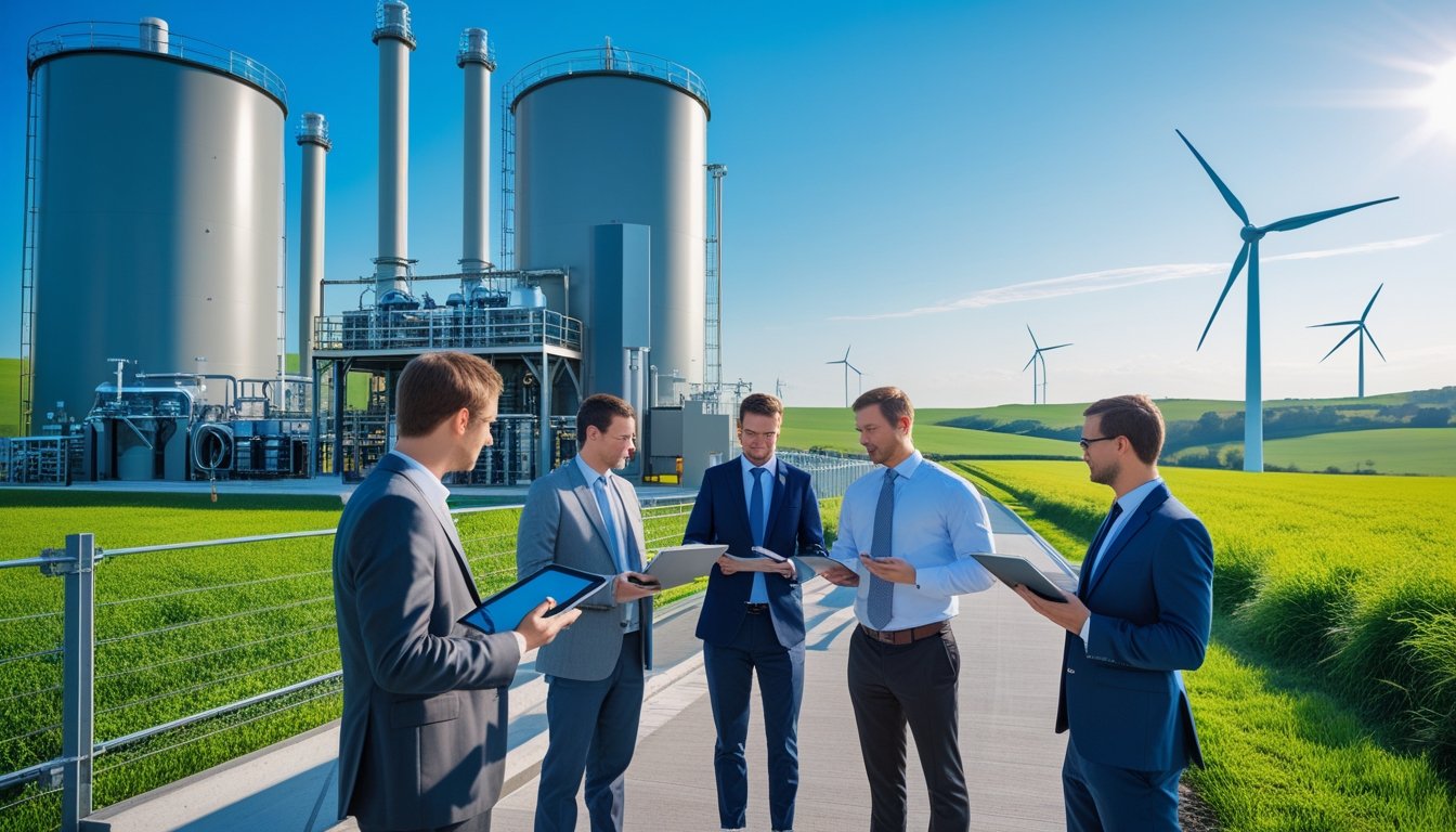 A biomass power plant in the UK with professionals discussing plans outdoors near green fields and clear sky.