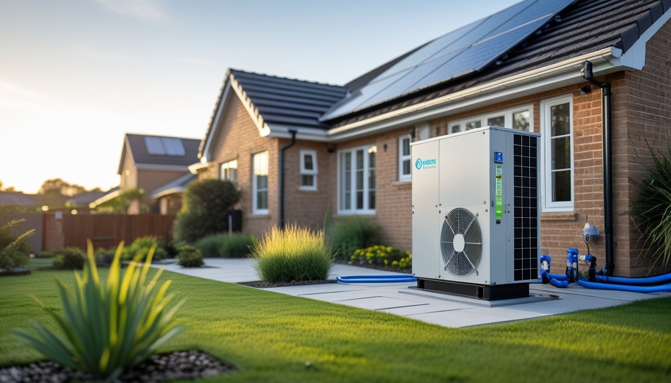 A modern UK suburban house with a geothermal cooling system unit installed outside in a green garden under a clear sky.