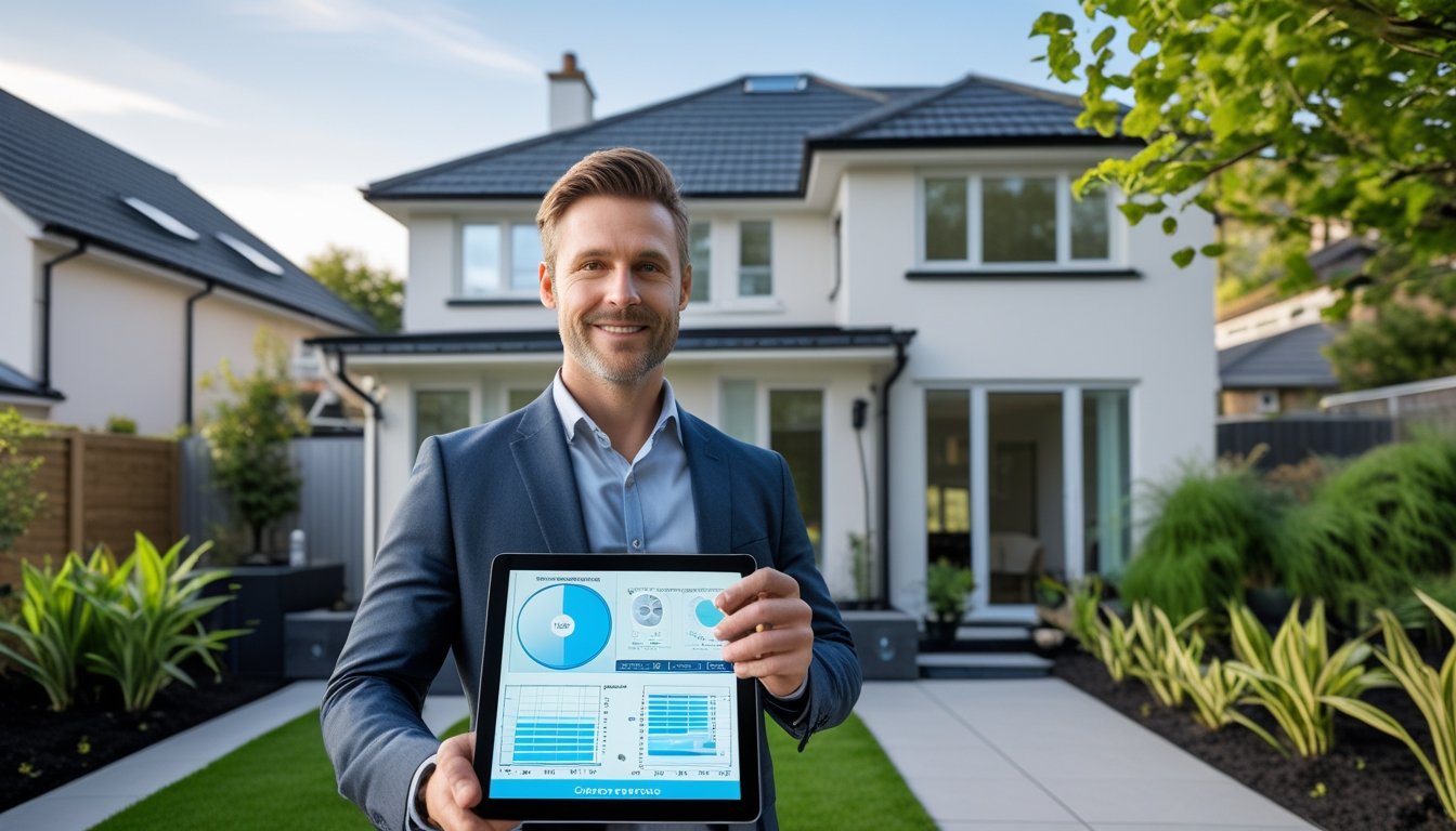 A modern UK home with geothermal cooling equipment visible outside and a person checking a tablet nearby in a green garden.