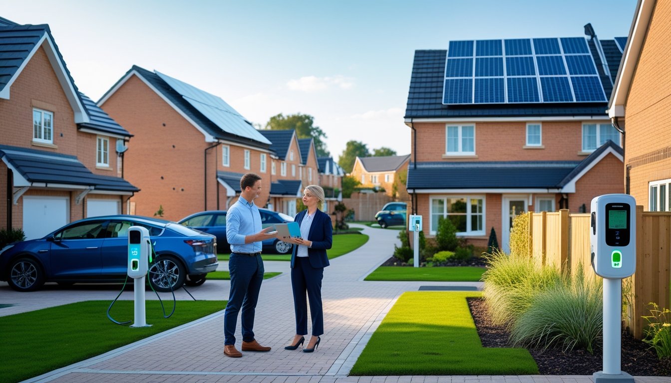 A UK suburban neighbourhood with eco-friendly houses featuring solar panels, a family talking to an energy consultant, and electric vehicle charging points.