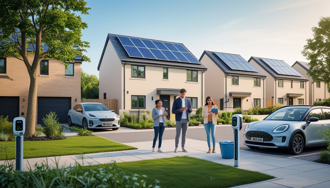 A modern UK neighbourhood with solar panels on houses, a family using a smart thermostat, and electric vehicle charging points in a green environment.