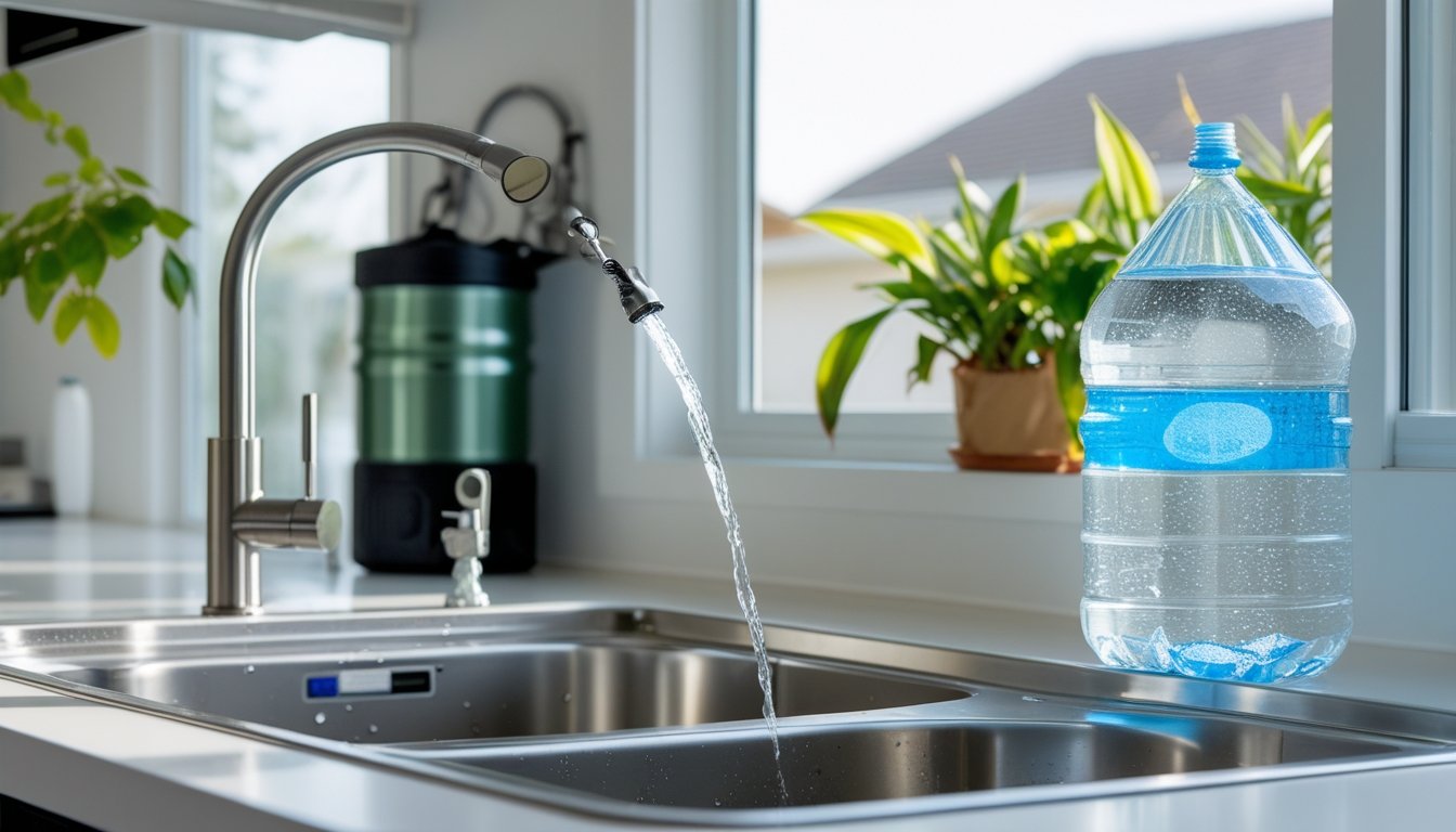 Modern kitchen with water-saving faucet, rainwater barrel visible outside, and indoor plants near the sink.