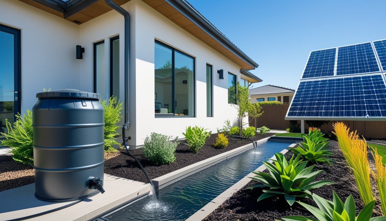Modern eco-friendly house with rainwater harvesting barrel, drought-resistant garden, and solar panels on the roof under a clear blue sky.