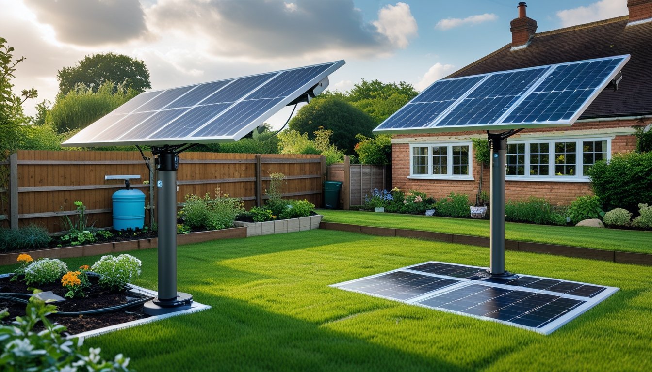 A solar panel installation in a typical UK garden with green grass, flowers, and a brick house in the background.