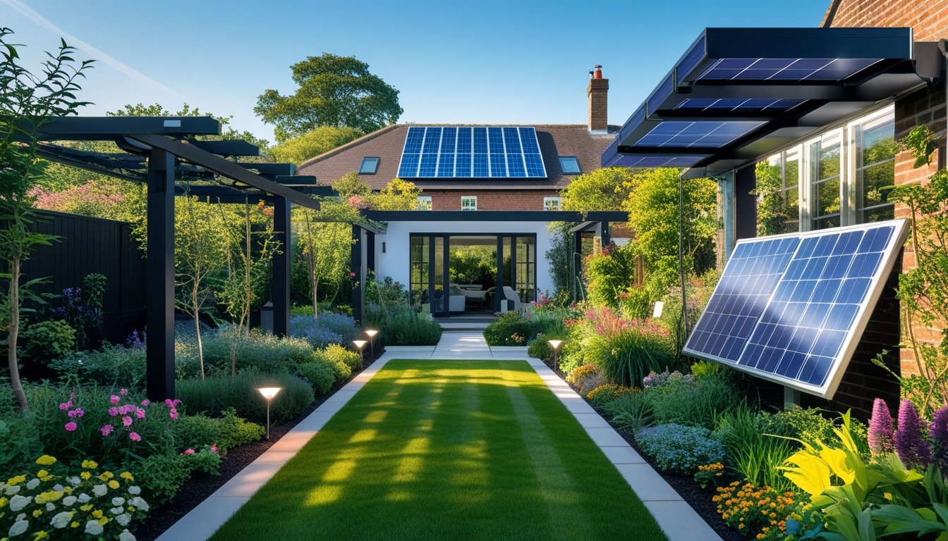 A UK garden with solar panels on pergolas and fences, surrounded by plants and garden lights, next to a modern house under a clear sky.