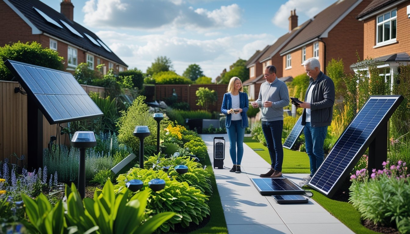 A UK garden with solar panels on a shed roof, solar-powered garden lights along a path, and people interacting with solar devices surrounded by green plants and flowers.