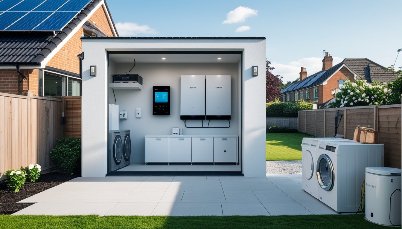 A modern UK home with solar panels on the roof and a home battery system installed inside a utility room, showing renewable energy technology in a suburban setting.