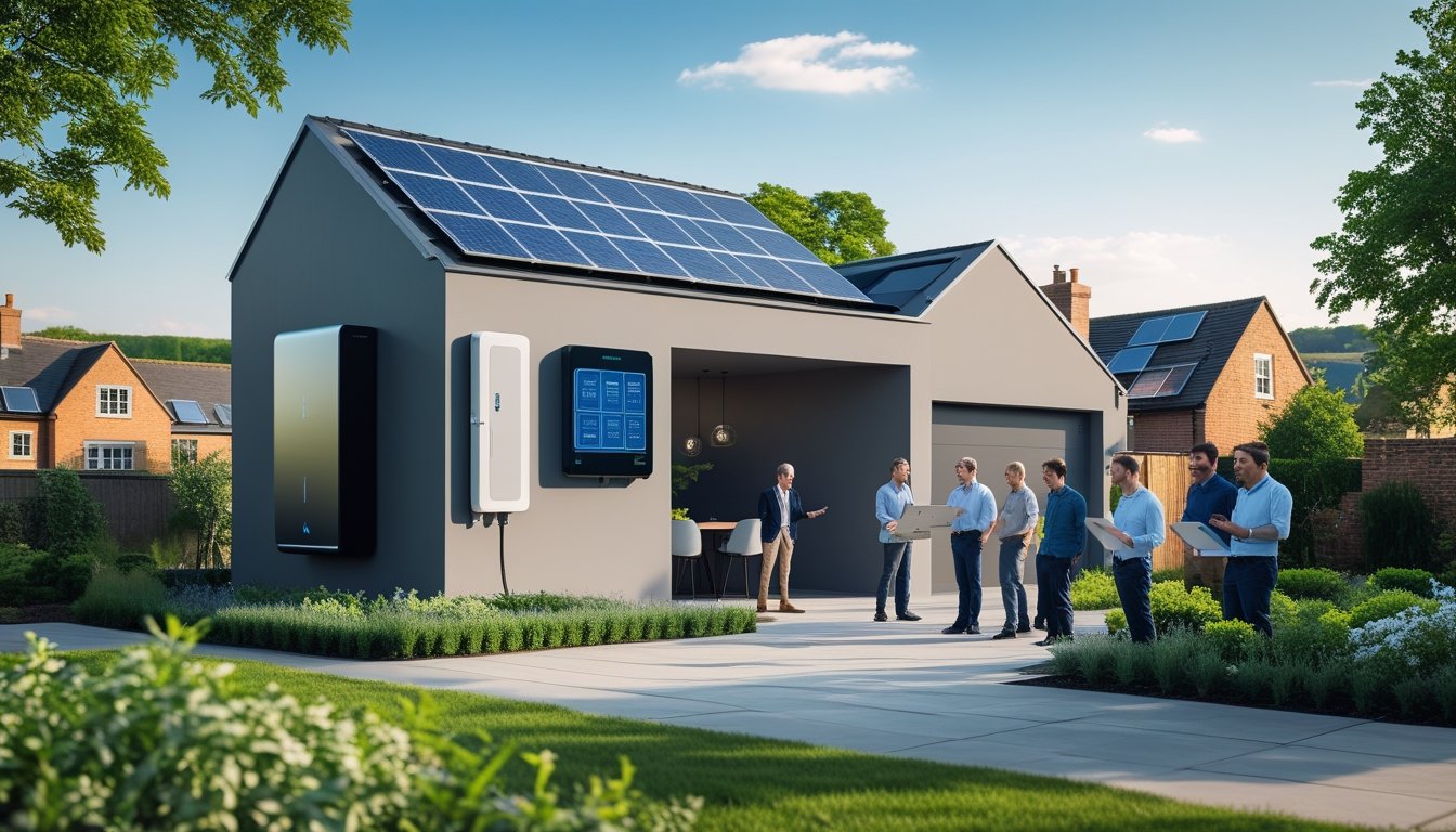 A modern UK house with solar panels and a home battery system on the wall, surrounded by green gardens and people discussing the technology.