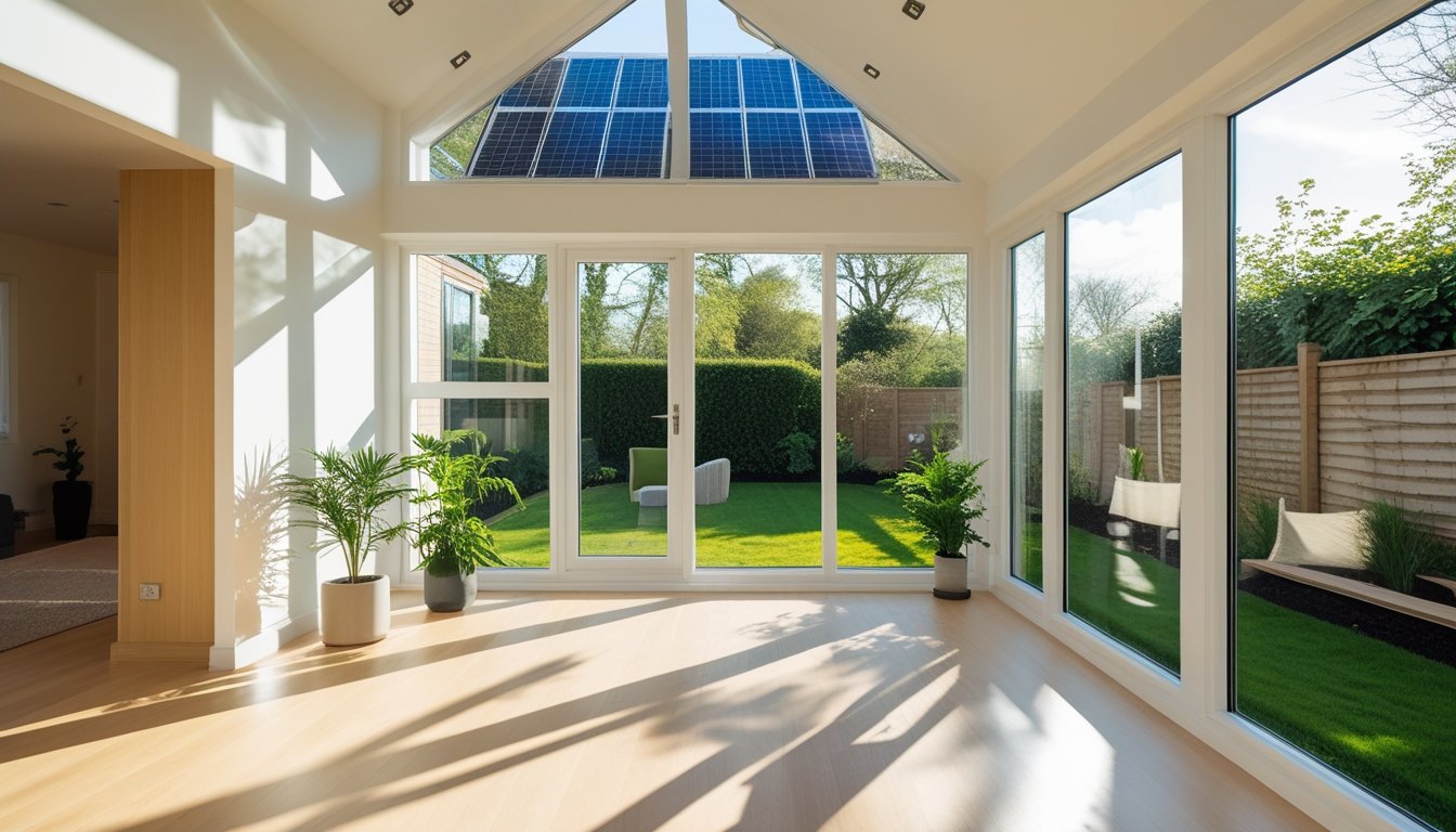 A bright living room in a UK home with large windows letting in natural sunlight, indoor plants, and views of a garden outside.