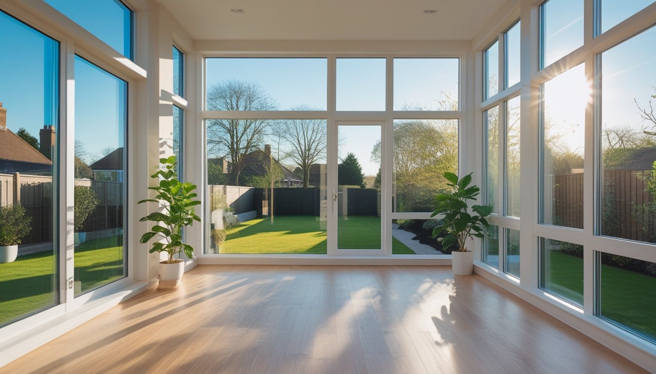 A bright living room in a UK home with large windows letting in natural sunlight and a view of a garden outside.