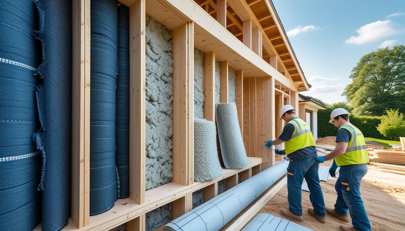 Construction workers installing eco-friendly insulation materials inside the wooden frame of a modern house surrounded by greenery.