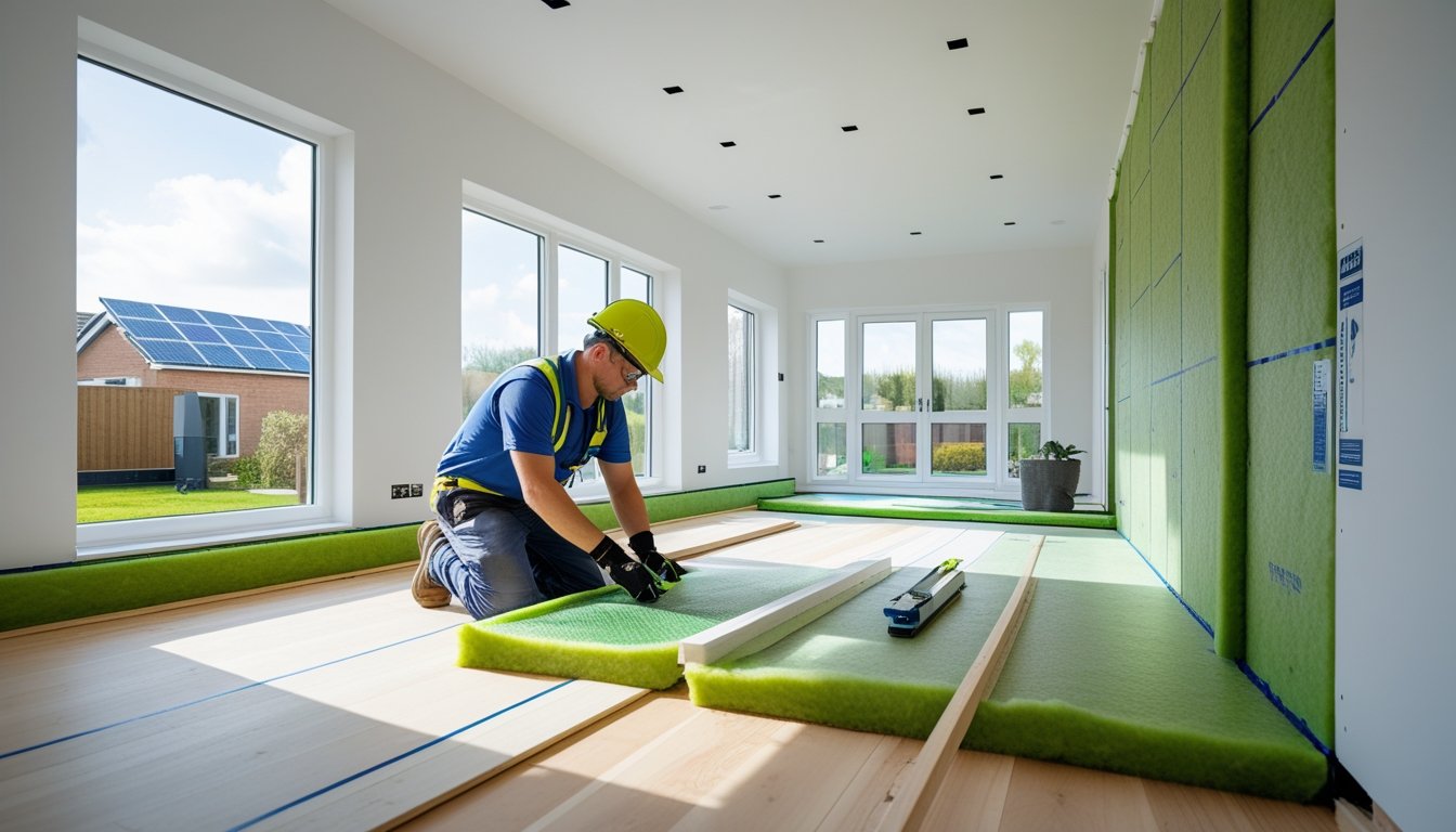 A worker installing eco-friendly insulation inside a modern UK home under renovation.