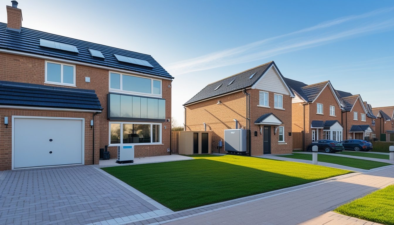 Three typical UK houses showing different heat pump systems installed outside, including air source and ground source units, in a sunny suburban neighbourhood.