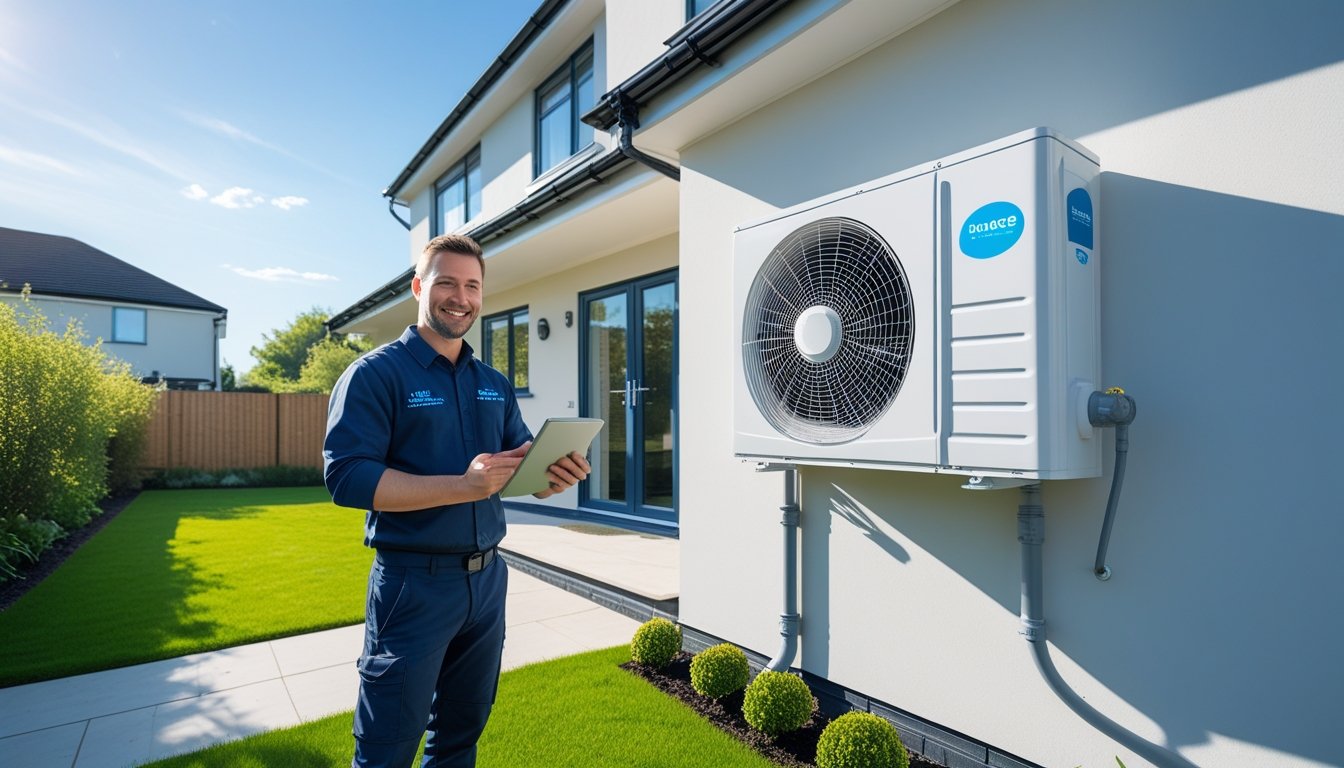 A technician inspects a heat pump installed on the outside wall of a modern UK home with a garden in daylight.