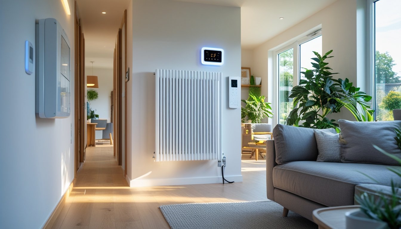 A modern British living room with a wall-mounted electric radiator, smart thermostat, and natural daylight streaming through large windows.