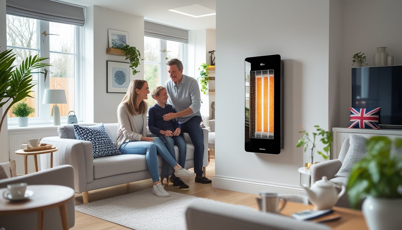A modern British living room with a wall-mounted electric heater and a family of three enjoying the warmth.