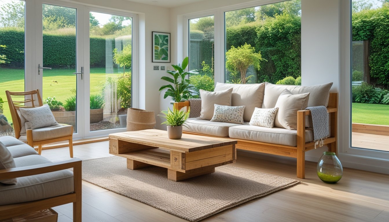 A living room with wooden sofa, coffee table, plants, and large windows showing a green garden outside.