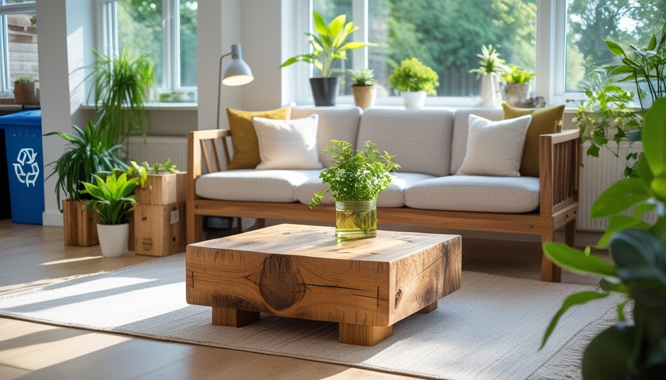 A modern living room with wooden furniture, green plants, and natural light highlighting eco-friendly home decor.