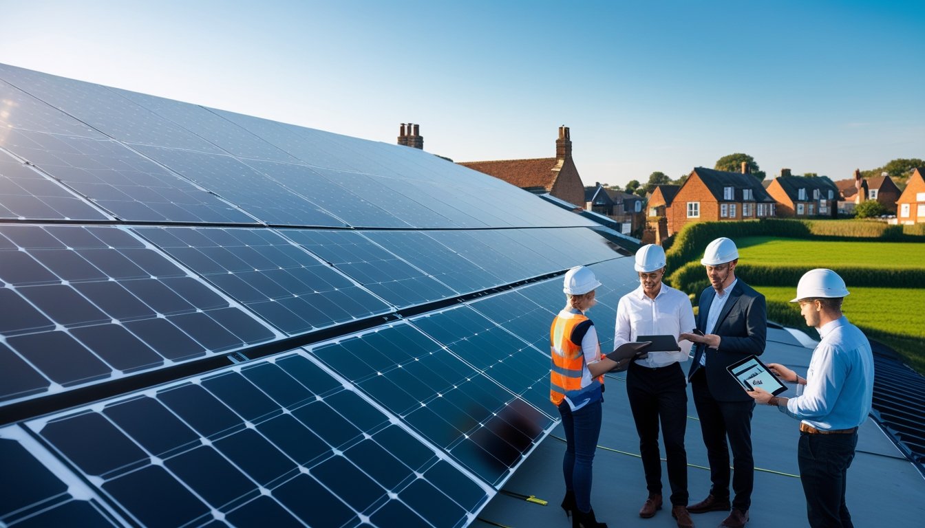 Engineers examining solar panels on a rooftop with a UK landscape in the background.