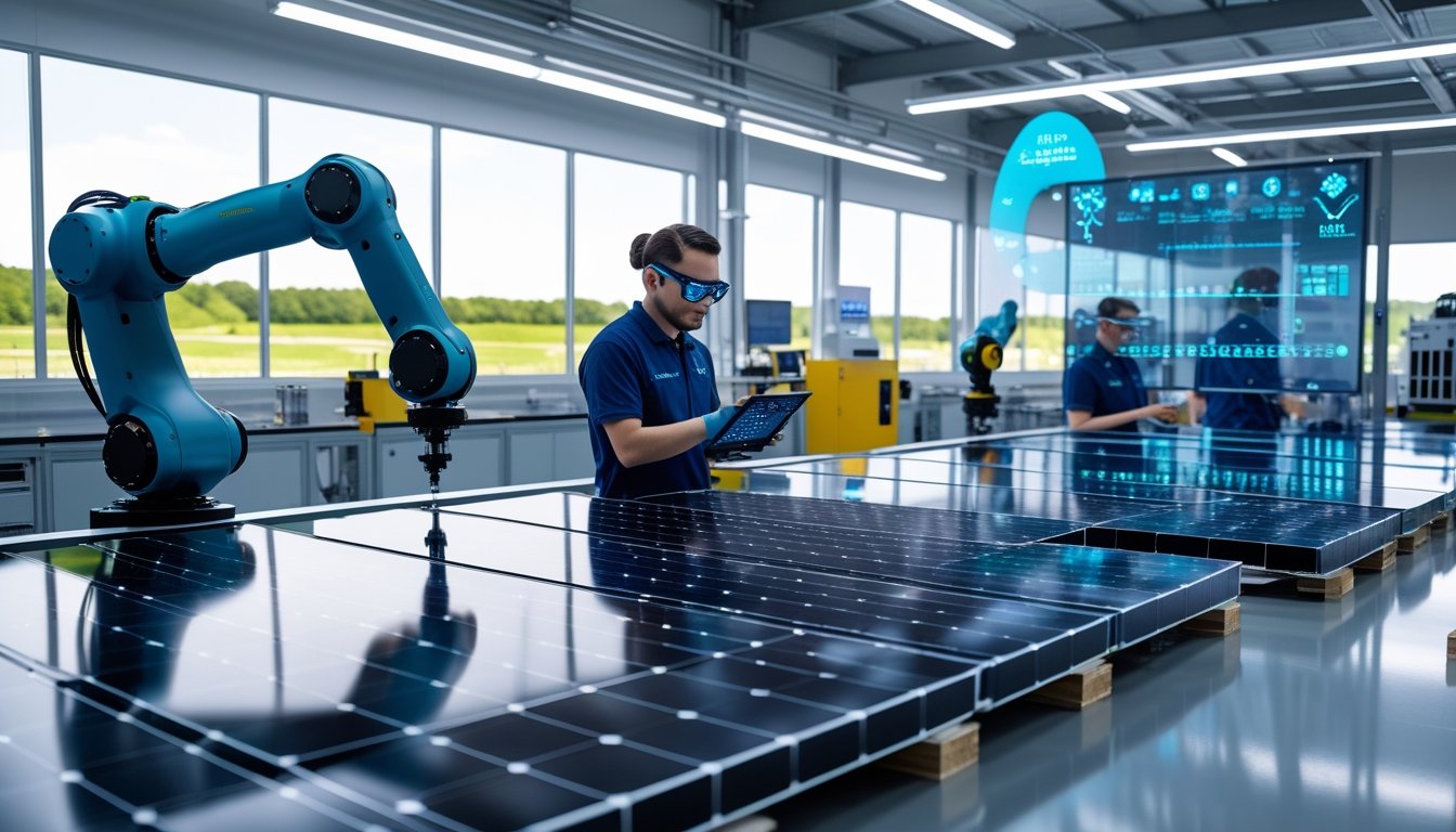 Engineers and robotic arms assembling solar panels in a bright factory with large windows and green scenery outside.