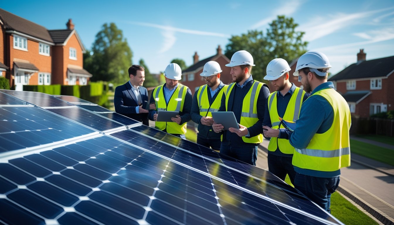 A group of engineers inspecting modern solar panels on a rooftop in a British neighbourhood.