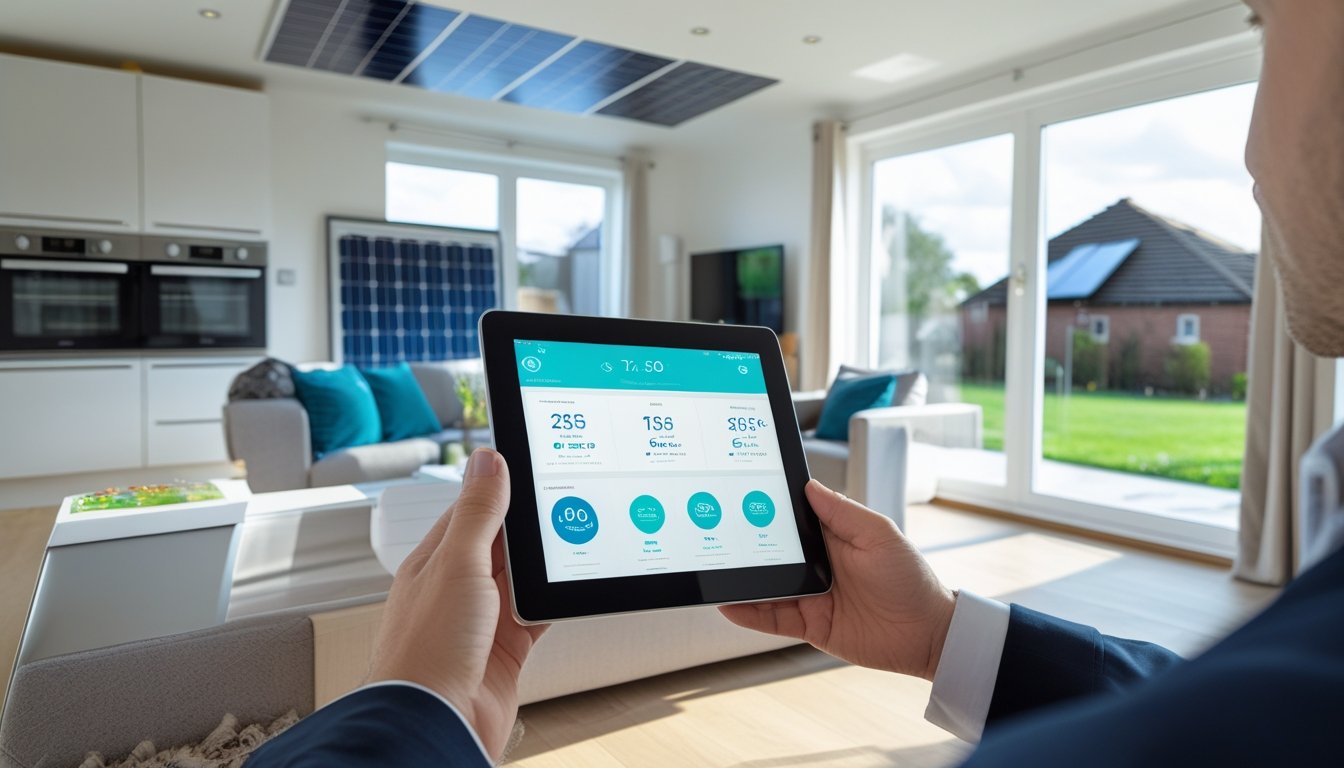 A modern UK home interior showing smart energy devices, solar panels on the roof, and a person holding a tablet displaying energy usage data.