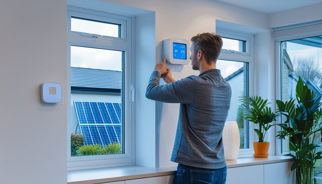 A person adjusting a smart thermostat in a modern UK home with energy-efficient features and solar panels visible outside.