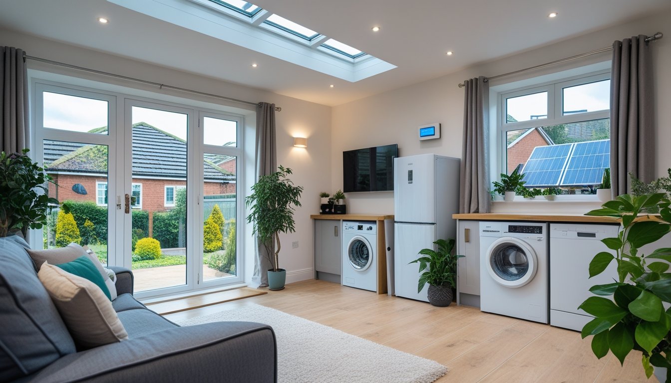 A modern UK home living room with large windows, energy-efficient appliances, a smart thermostat, and solar panels visible on the roof outside.
