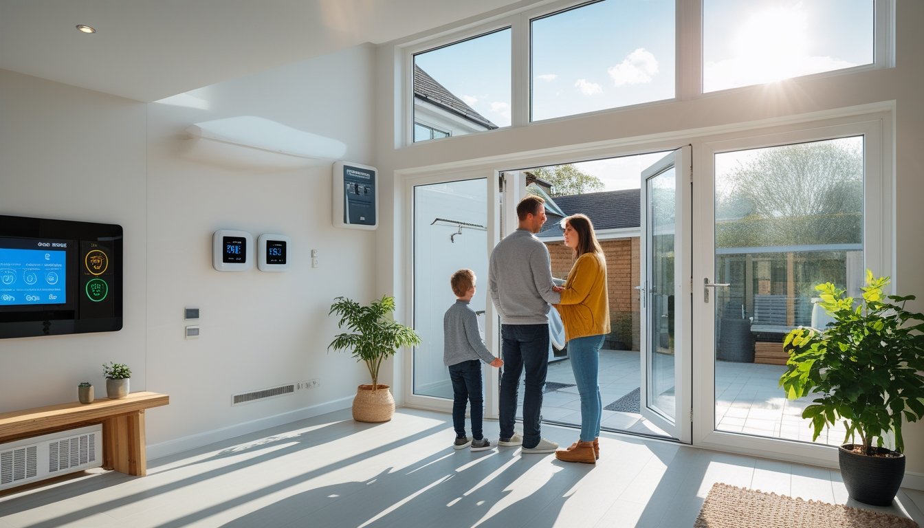 A family standing in a modern UK home interior with large windows, smart thermostats, and energy-efficient lighting, highlighting energy-saving features.