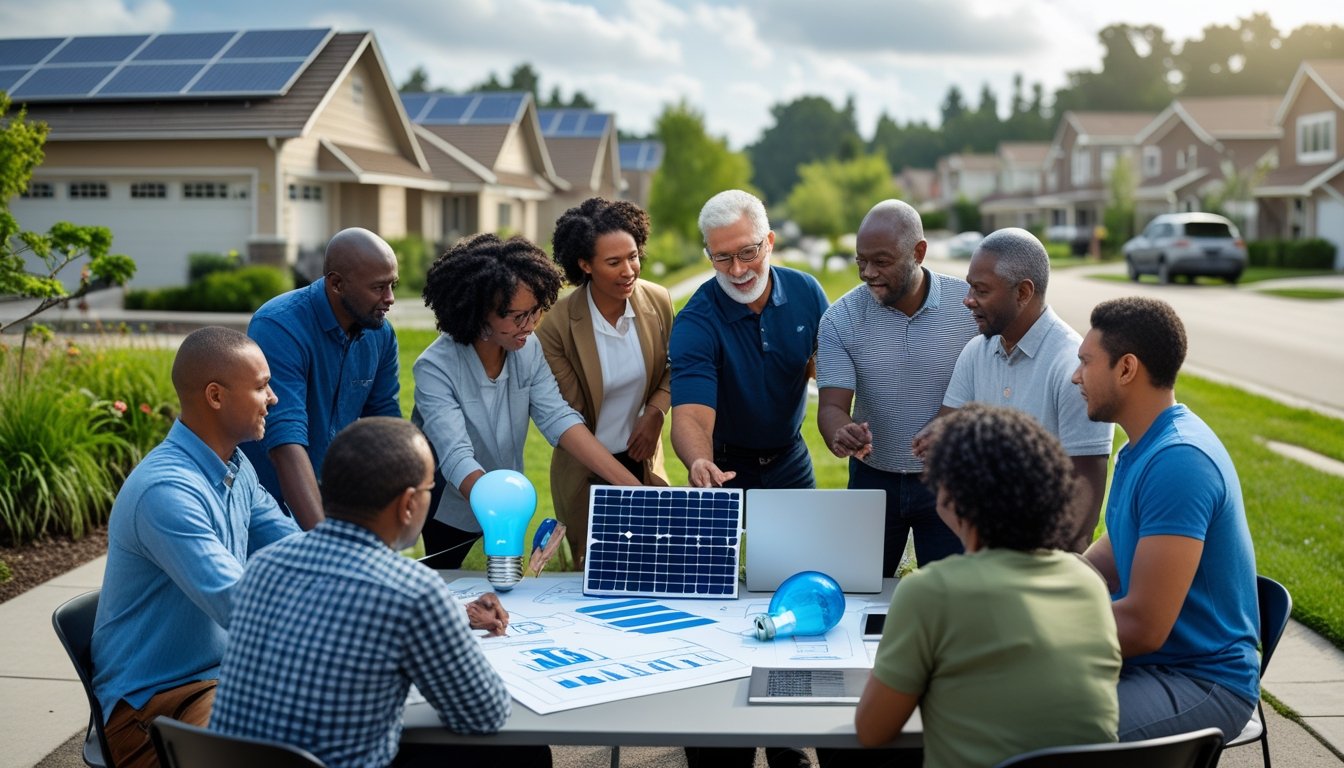 A diverse group of people discussing an energy saving community project outdoors in a neighbourhood with houses and solar panels.