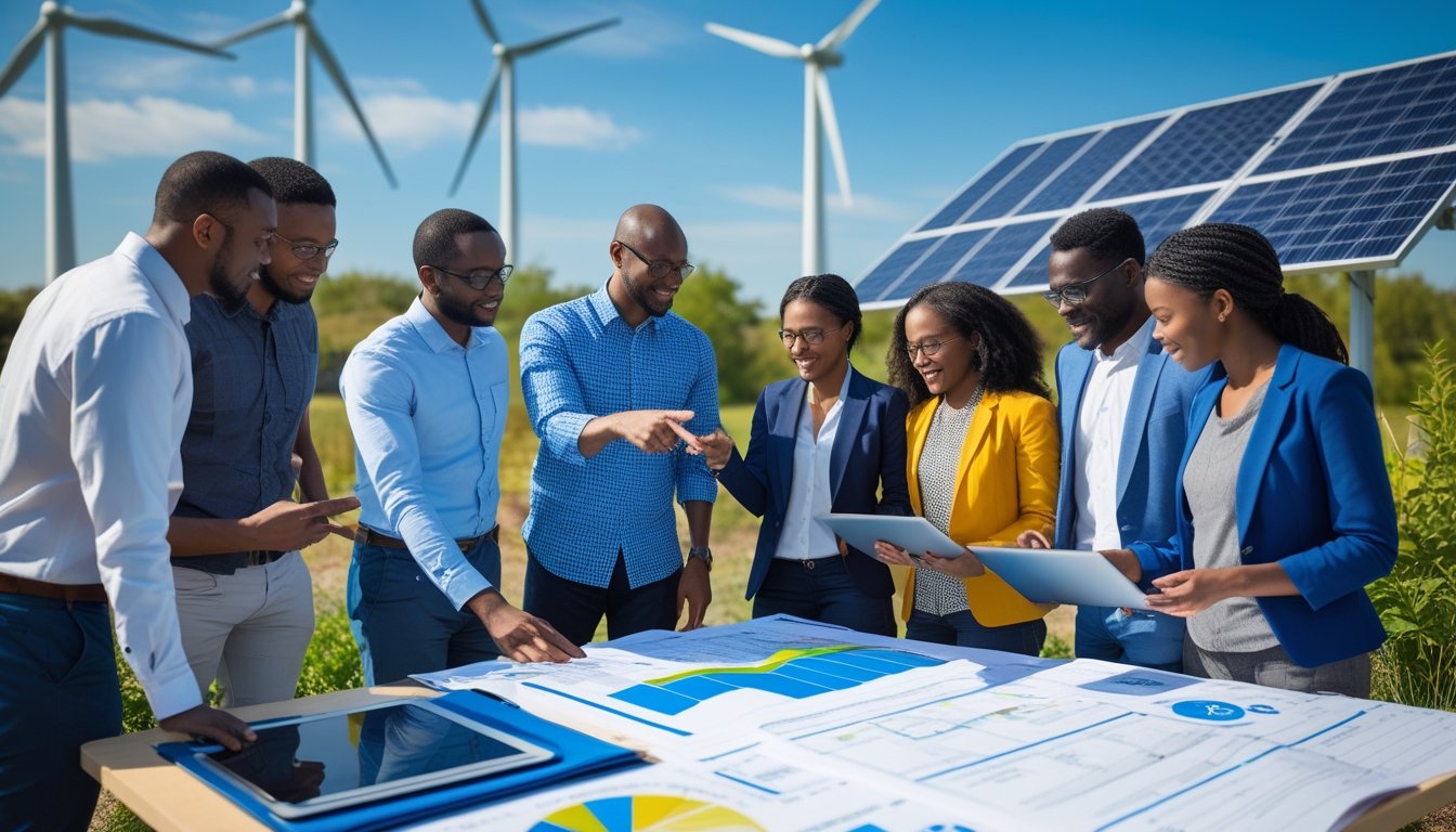 A diverse group of people outdoors working together on renewable energy solutions with solar panels and wind turbines in the background.