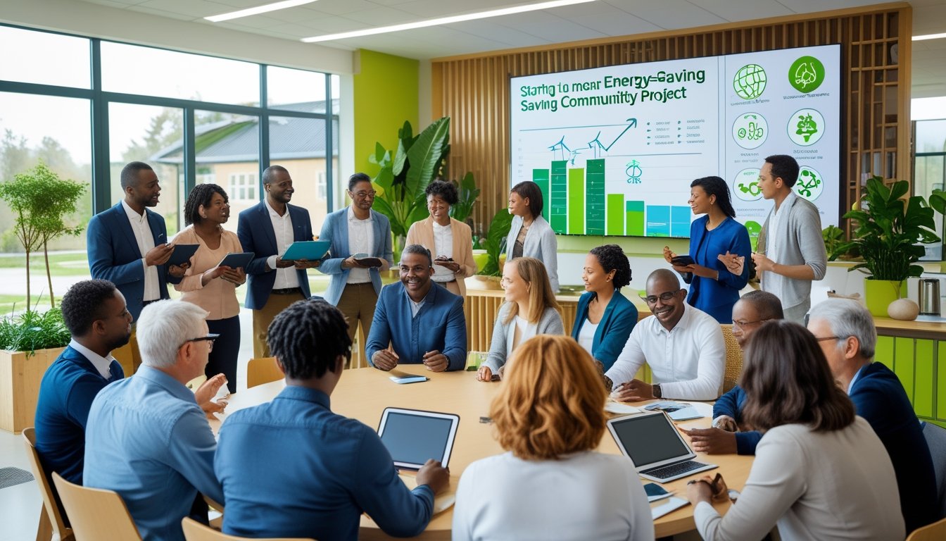 A diverse group of people having a meeting in a bright community centre, discussing an energy-saving project with digital charts and eco-friendly icons visible.