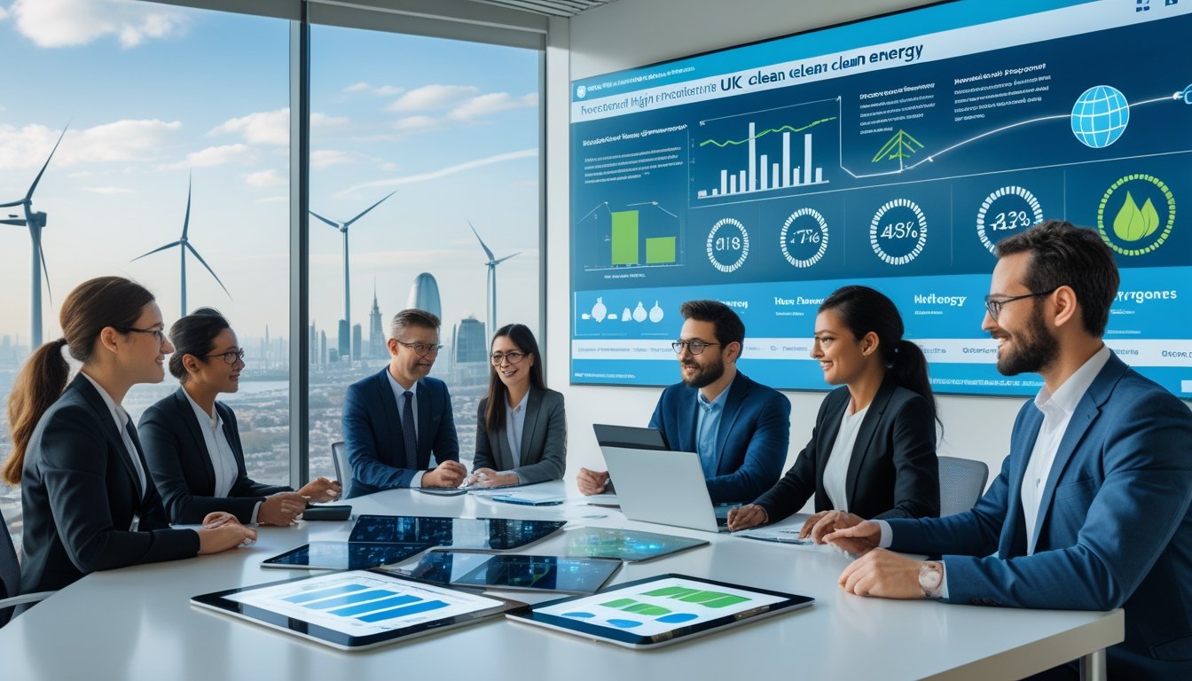 A group of professionals collaborating in an office with views of wind turbines and UK landmarks, surrounded by digital displays of clean energy data.