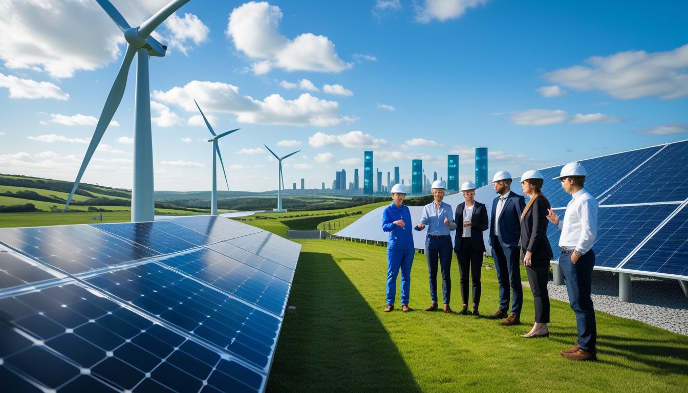 A group of engineers discussing near wind turbines, solar panels, and a hydrogen fuel station in a green landscape with a city skyline in the background.