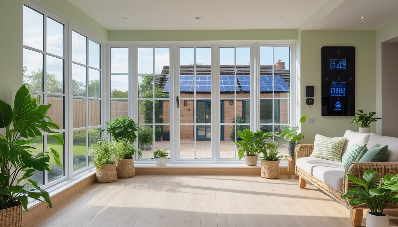 A bright living room in a UK home featuring large windows, indoor plants, wooden flooring, and eco-friendly home renovation elements.